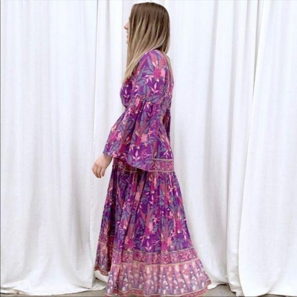 Boho Floral Print Gypsy Maxi Dress Purple Paisley - Picture 4 of 13